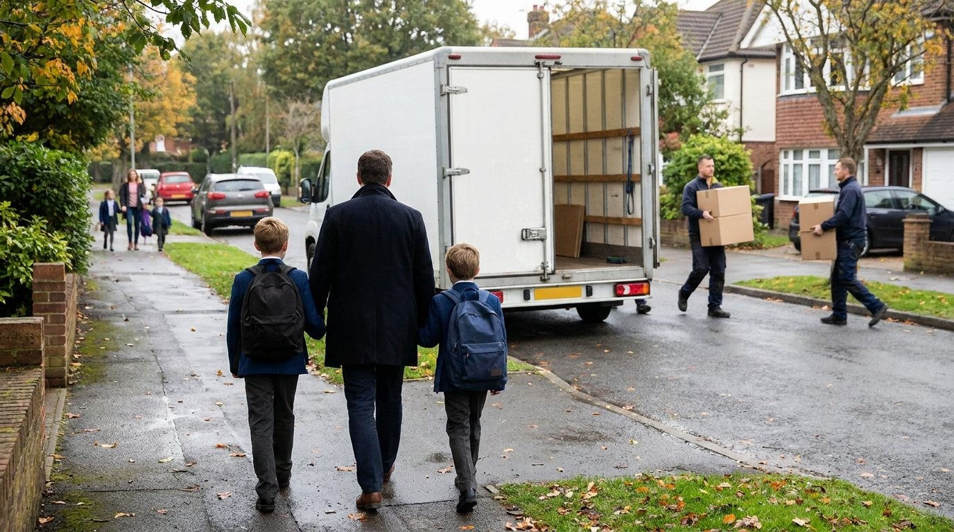Parent and children walking to school past a removal van